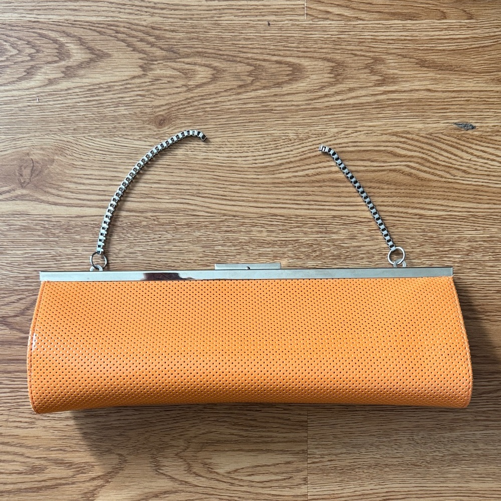 Orange Clutch Bag with Silver Chain